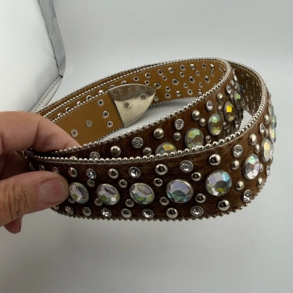 WholesalebyATLAS Western Belt XL Brown Excellent Crystal Studded Hair-on-Hide